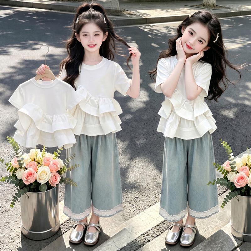 Girls' Korean Style Ruffle Sleeve Wide-Leg Pants Set (2026) - Stylish & Versatile Summer Outfit