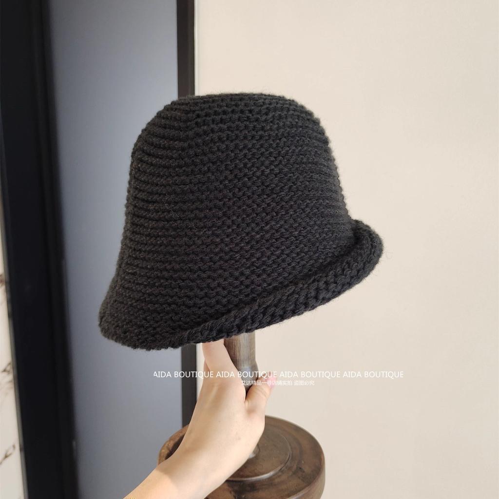 Korean version retro solid color wool hat women's warm and comfortable crimped knitted hat shows the face small thick wool bucket hat