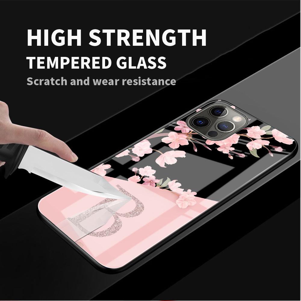 Glass Case For Apple iPhone 14 13 Pro 11 12 7 8 Plus SE 2022 XR X XS Max 6 6S Phone Cover Custom Cherry Blossom Flower Initial
