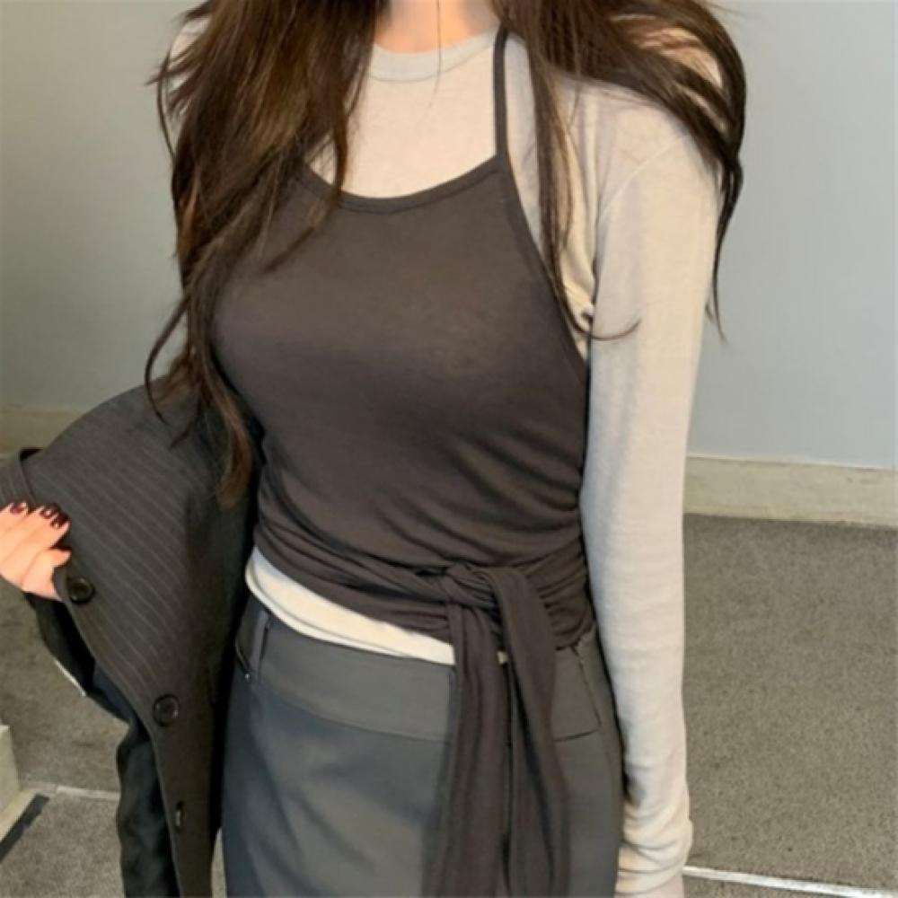 New Arrivals Open Run Women Long Sleeve T shirT Layered sTrap Tank seT