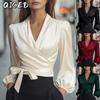 Blusas y camisas de manga larga con cuello en V y estampado de color sólido informal a la moda para mujer