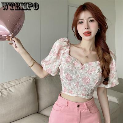 Summer Square Neck Bubble Sleeve Pink Flower Blouse Pullover Short Top Women