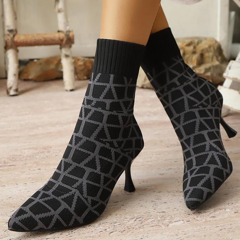 Fashion Autumn Fashion Plaid High Heel Boots Women Breathable Knitted Mesh Sock Boots Woman Pointed Toe Plus Size 36-43 Botas Ladies