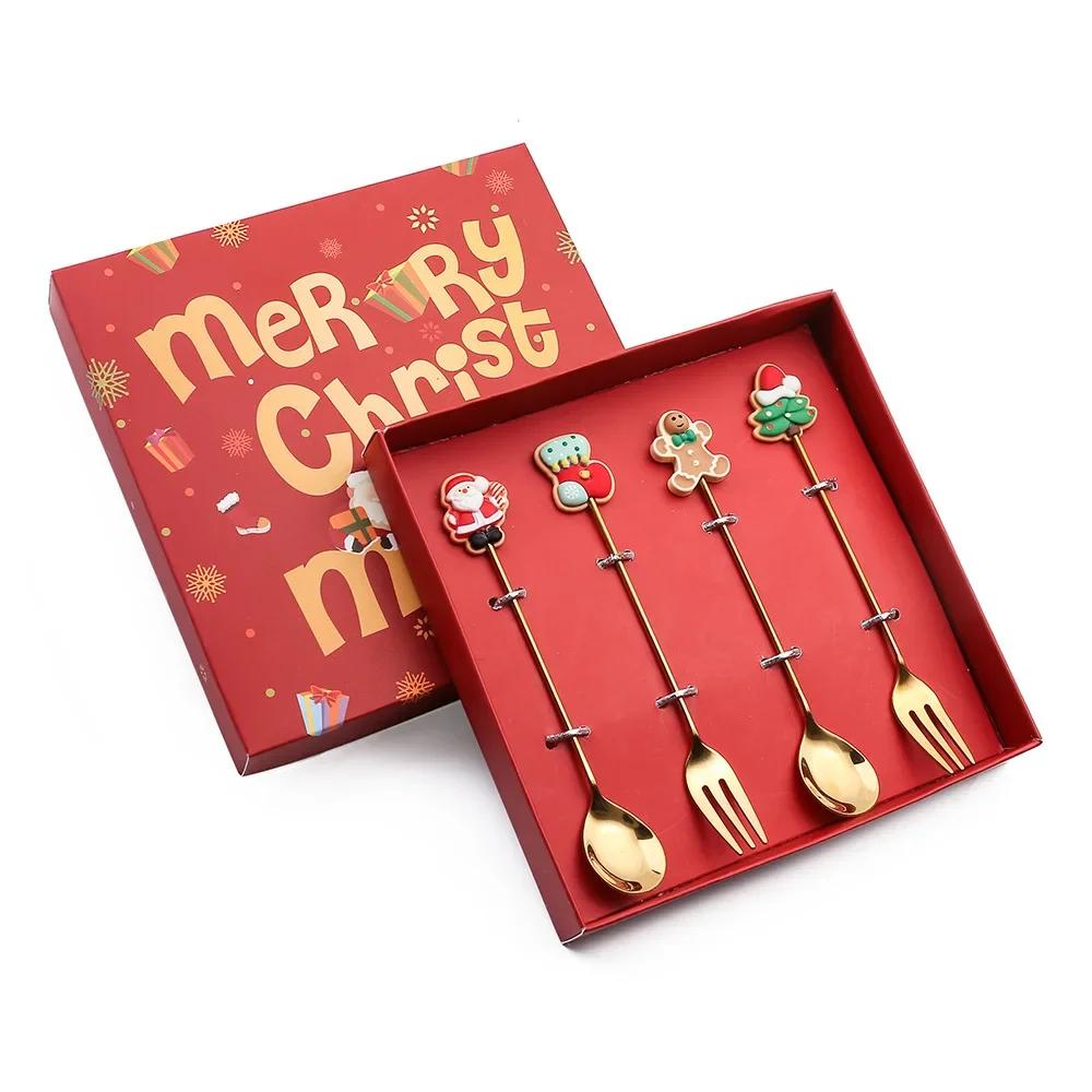 2025 Christmas Spoon and Fork Set Stainless Steel Creative Tableware Coffee Tea Dessert Spoon Spoons with Gift Box 6Pcs New