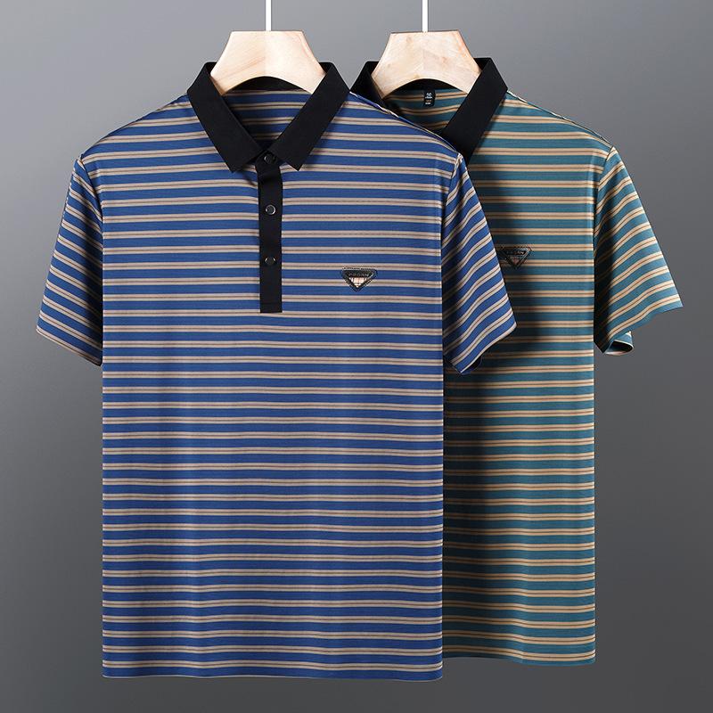 

Summer New Men s Seamless Short-sleeved T-shirts for Young and Middle-aged People Fashion Striped Lapel POLO Shirts Casual Men s Clothing