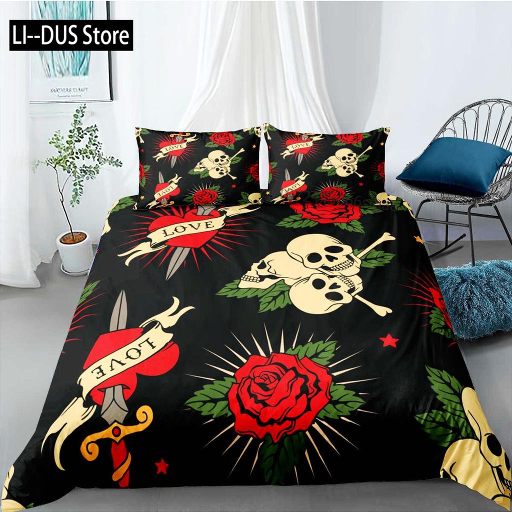Skull Duvet Cover Set Gothic Death Moth Skull Love Heart Bedding Set For Boy Teen Microfiber Moth Skeleton King Size Quilt Cover
