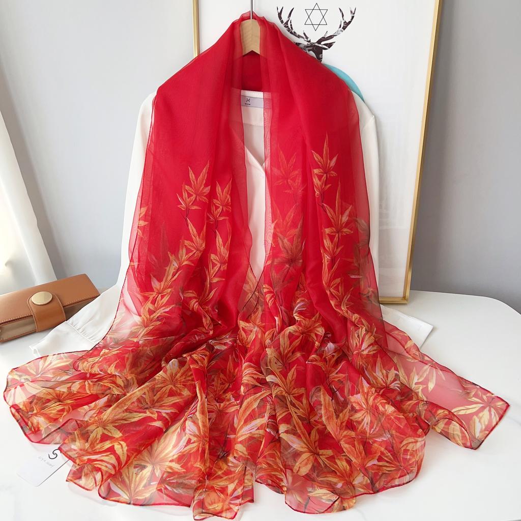 Elegant Flower Print Scarf Thin Smooth Mulberry Silk Shawl Casual Outdoor Sunscreen Windproof Scarf, Mulberry Silk, Very Light Fabric