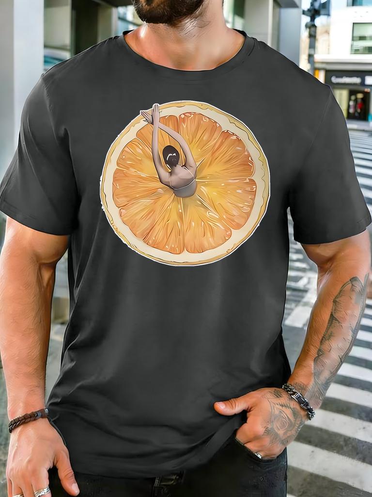 Unisex Blue Tee Art Orange Slice Dancer Figure Graphic Print Short Sleeve Loose Casual Top For Adult Male Daily Street Wear Outfit