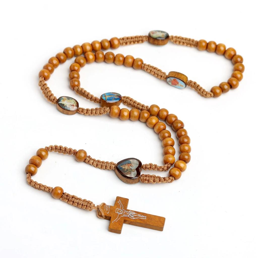 Wooden Beads Cord Rosary St Benedict Medal Jesus Cross Car Pendant Necklace Catholic Fashion Religious Jewelry Auto Decor
