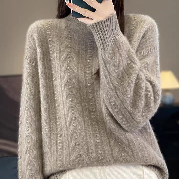 Zopfmuster Halber Rollkragen Weich Wachsartig Verdickt Lockerer Pullover Wolle Gestricktes Oberteil