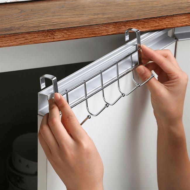Stainless Steel Over-Door Five-Hook Rack for Kitchen Cabinets - Punch-Free Towel and Clothes Holder.