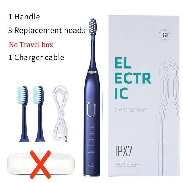 

Отбеливание зубов для взрослых, глубокая очистка со сменными насадками, ультразвуковая электрическая зубная щетка, перезаряжаемая, водонепроницаемая, Ipx7 Blue 3 heads