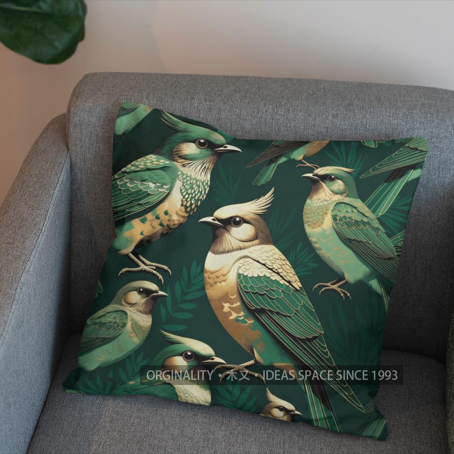 2D Green Birds With Gold Wings Patterned Cushion Pattern Cushion Cover Suitable For Sofa Bedroom Car Pillow Cover