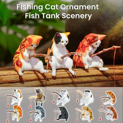 Cat Fishing Figurine Mini Resin Cute Cat Statue Miniature Fish