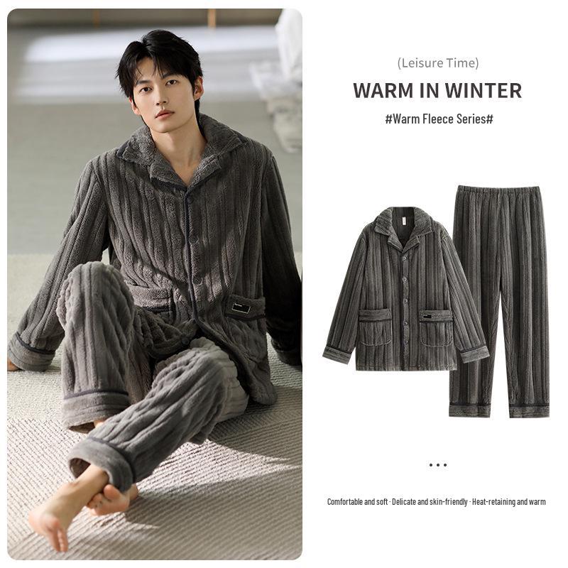 Men's Plus Size Flannel Cardigan Pajamas - Thickened Velvet Winter Homewear