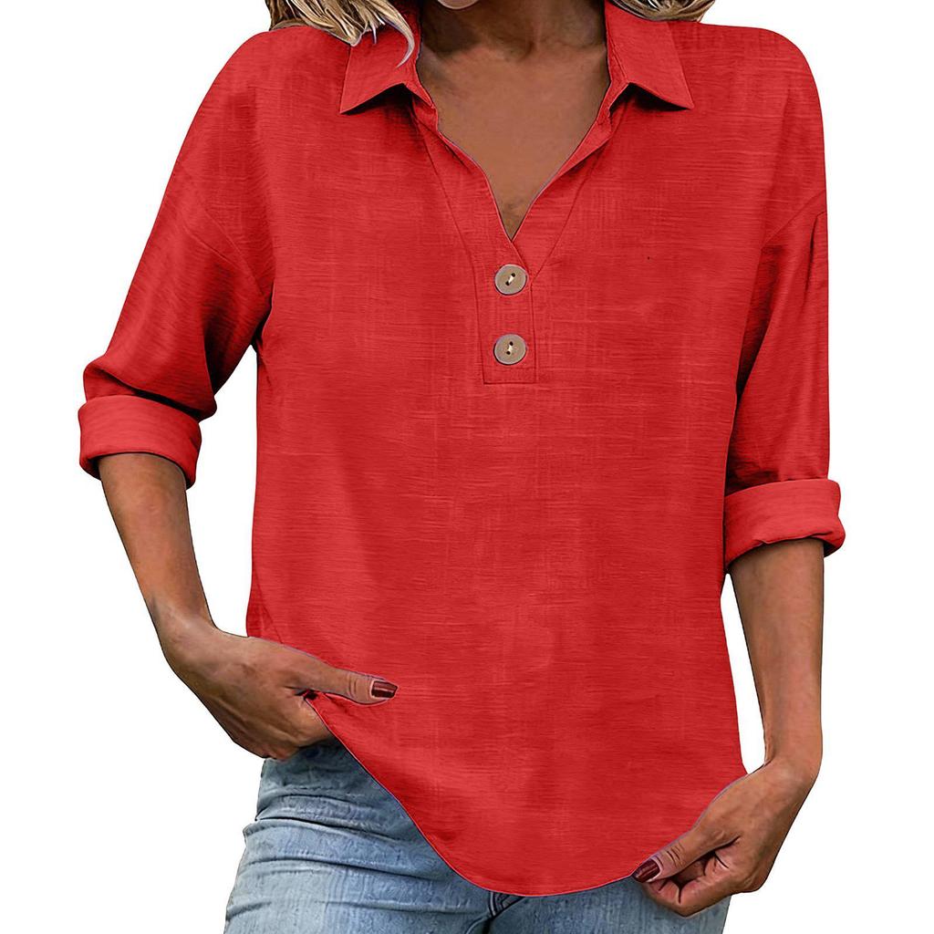 Women's Seven-Sleeve Cotton Linen Lapel Shirt - Solid Color, Casual, Breathable