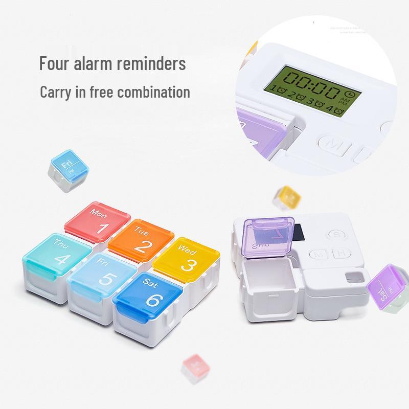 Square Plastic Pill Box with Timer - 7 Compartment Weekly Organizer & Electronic Reminder, Portable Dispenser