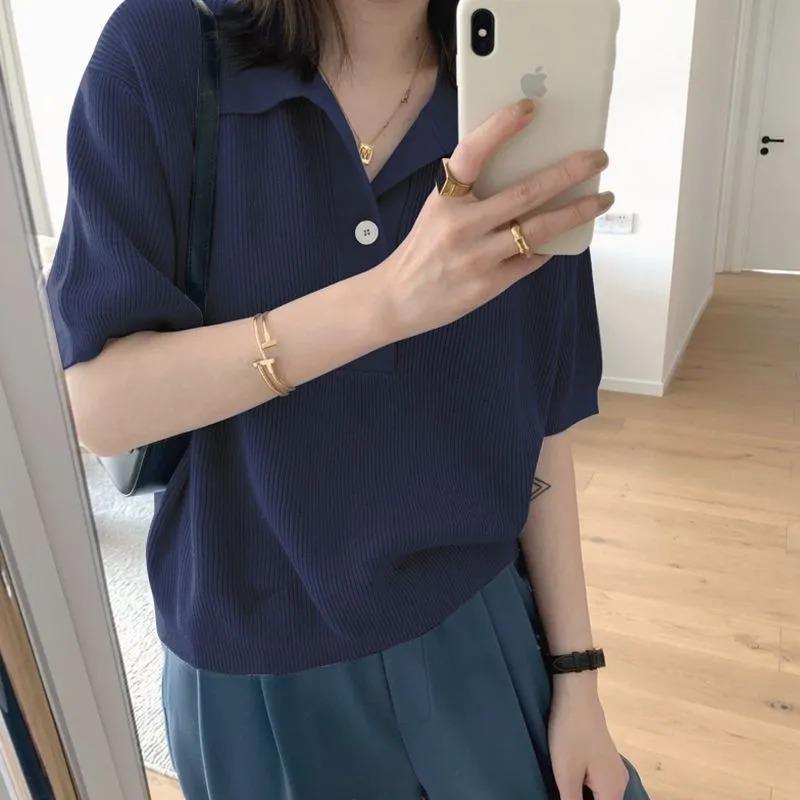 

French Lapel Thin Short-sleeved Shirt for Women Summer Ice Silk Loose and Versatile Top 2XL