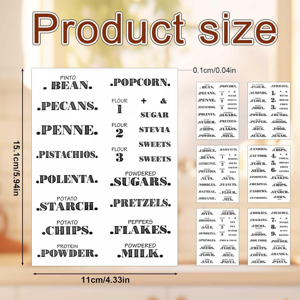 6 Sheets Pantry Labels for Containers, Waterproof PVC Food Storage Labels Self-Adhesive Spice Stickers for Kitchen Organizing