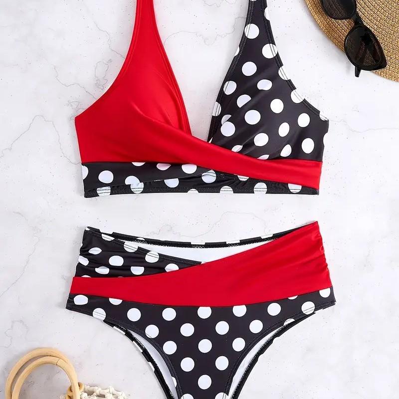 2025 European & American Color Block Polka Dot Crisscross Backless Sexy Split Swimsuit Bikini for Women