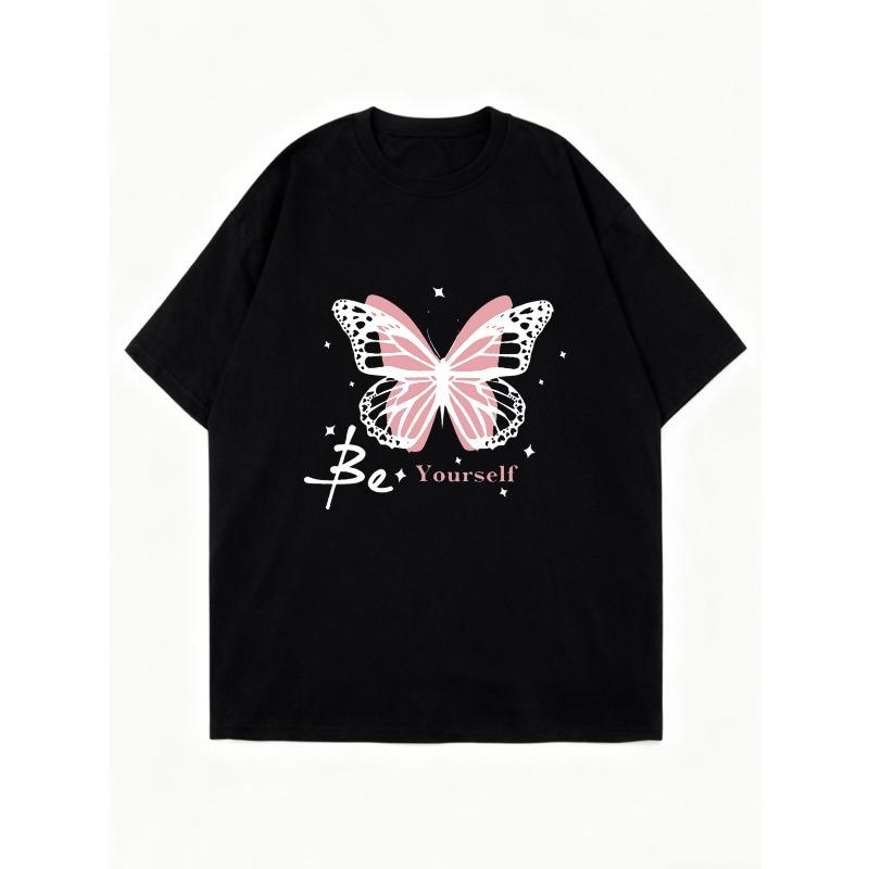 Oversized T Shirt Black Butterfly Print Be Yourself Graphic Tee For Casual Wear And Everyday Outfits