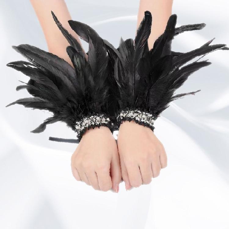 Braut Handgelenksmanschetten Federhandschuhe Hochzeit Kopfschmuck Schwarz Aufwändige Handbedeckung
