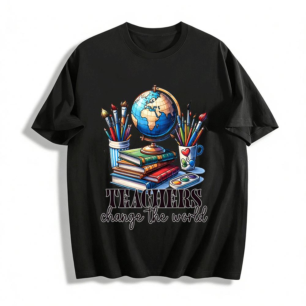 Teachers Change The World Print Globe Stationery Graphic Teacher Shirt Pure cotton T-shirt XXS
