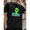 European Size Men'S Green Alien UFO Graphic T-Shirt - Sci-Fi Cartoon Design, Casual Round Neck Tee for Spring/Summer/Fall