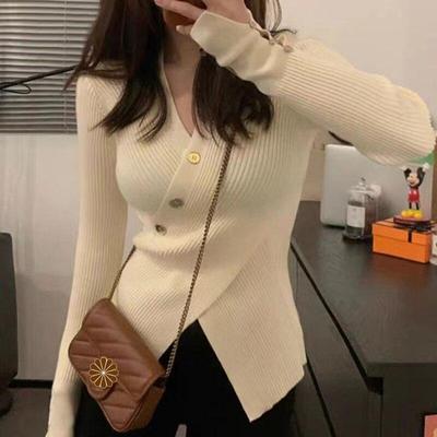 Autumn And Winter Long Sleeve Fashion Irregular Sweater Bottoming Pullover Women Slim Fit V-neck Solid Color Tops Clothes 29195