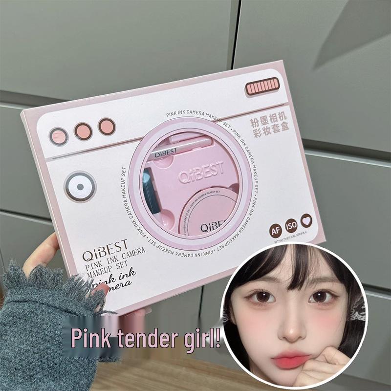 Set Machiaj QIBEST Pudră Cerneală: Ruj, Pudră Compactă, Noroi de Buze, Luciu de Buze, Rimel - Cutie Cadou Frumusețe