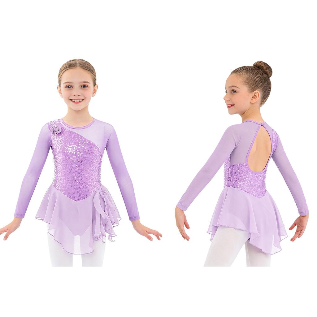 Girls Jazz Dance Bodysuit Rhythmic Gymnastics Stage Wear Sequin Tulle Splice Long Sleeves Cutouts Back Figure Ice Skating Athletic Skirted Leotard