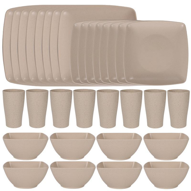 

Черный набор столовой посуды из пшеничной соломы, 16 предметов: Миски, Тарелки, Чашки - Портативные и Экологичные для Обедов на Открытом Воздухе