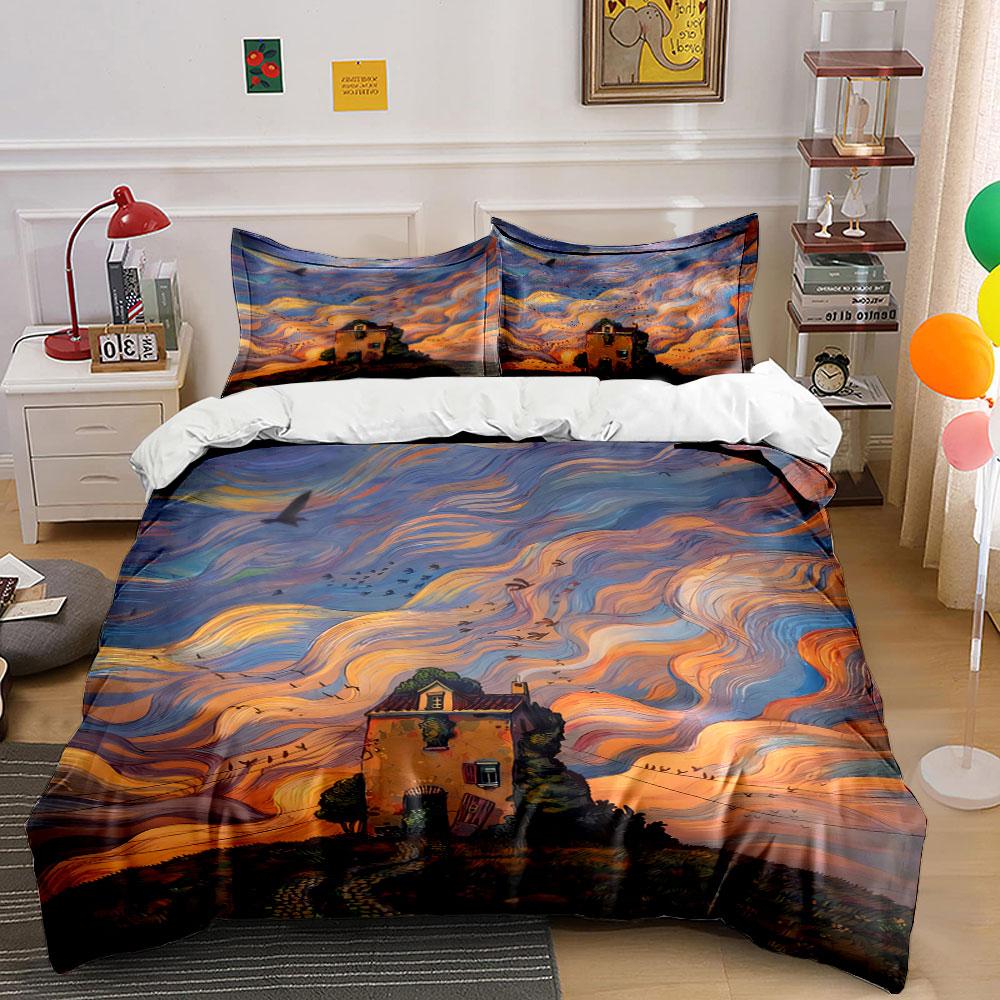 

Swirling sunset, house, birds. Bedding sets Duvet cover sets Duvet covers Pillowcases(1 * Duvet Cover 2 * Pillowcases, without duvet insert) 135x200cm