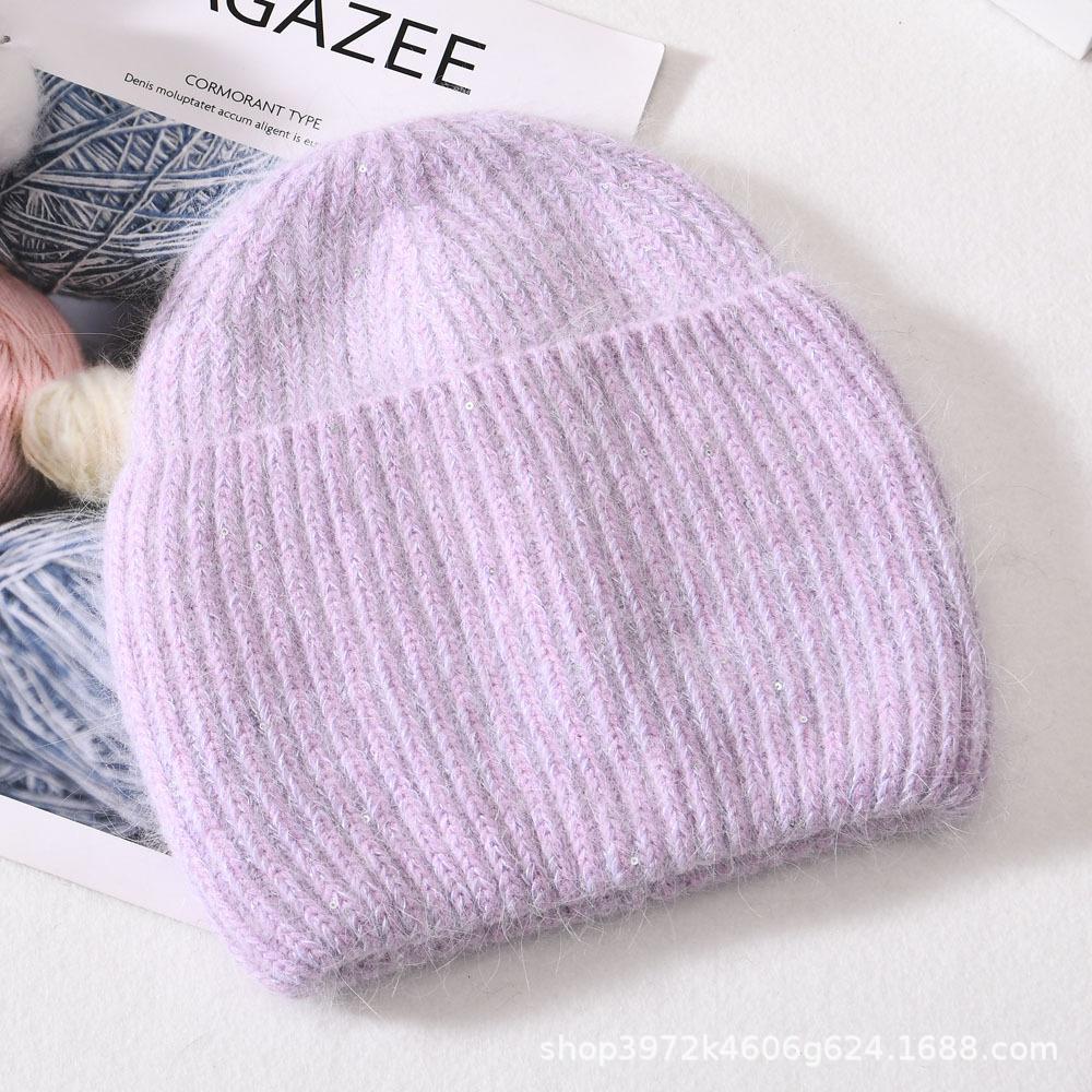 Autumn/Winter New Angora Long Plush Rabbit Fur Knit Hat, Casual Belt with Small Sequins, Warm, Thickened, Couple's Knit Hat