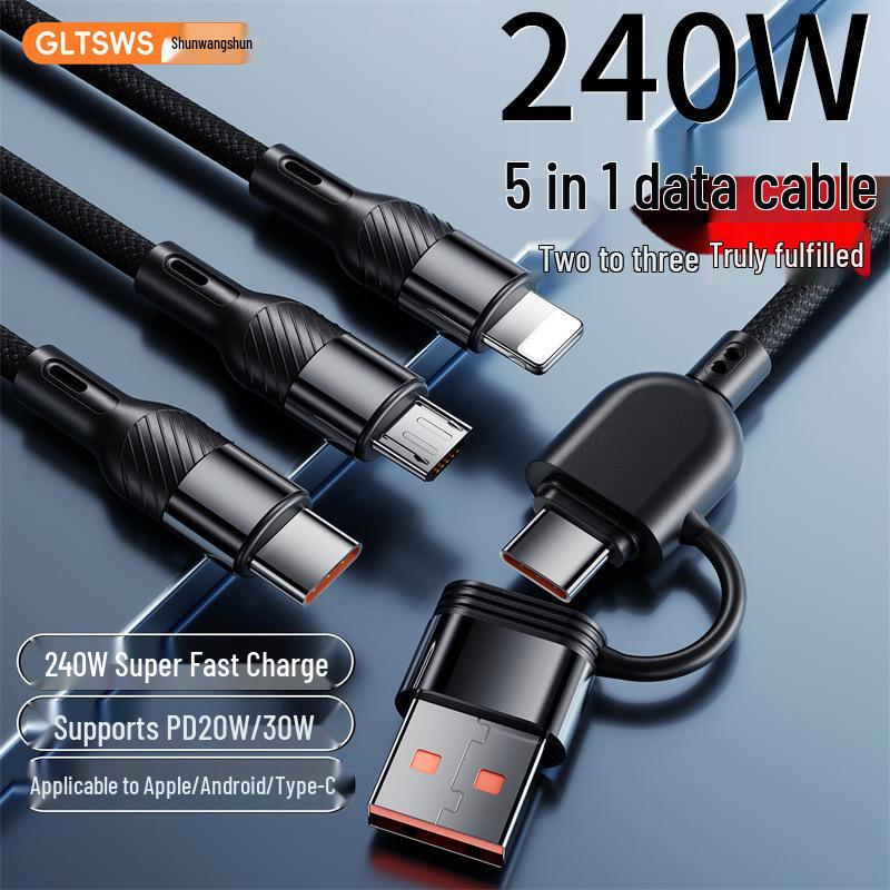 

PD240W Multi-Device Super Fast Charging Cable: 3-in-1 for Phones, Tablets, Laptops & 5-in-1 Car Charger Black [Five-in-One] 240W Super Fast Charge