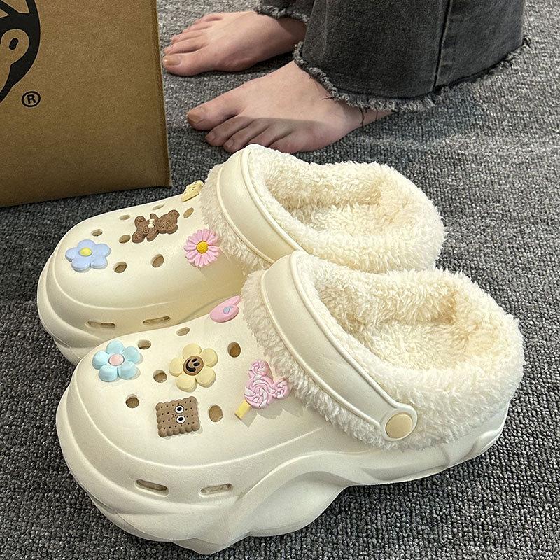 New velvet hole shoes women's winter non-slip outer wear cotton shoes heightened thick-soled home removable cotton slippers