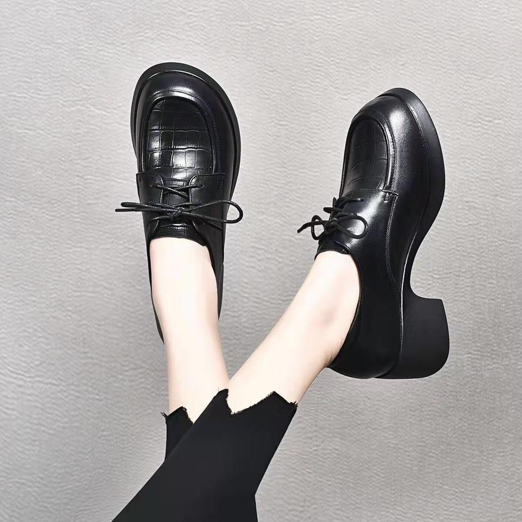 Black Small Leather Shoes Women's Work Dress High Heel Lace-up Professional Women's Shoes Thick Heel Single Shoes Autumn and Winter Work Shoes Tooling
