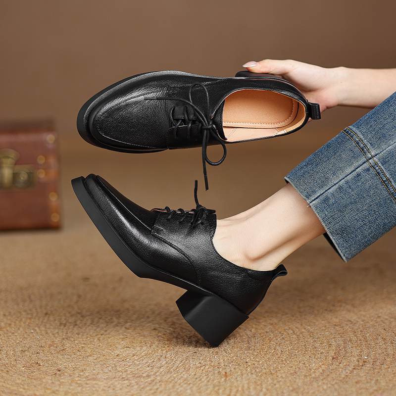 Krazing Pot Sheepskin Autumn Winter Shoes Chunky Heels Size 43 Size 42 Round Toe Lace Up Deep Mouth Retro Fashion Pumps