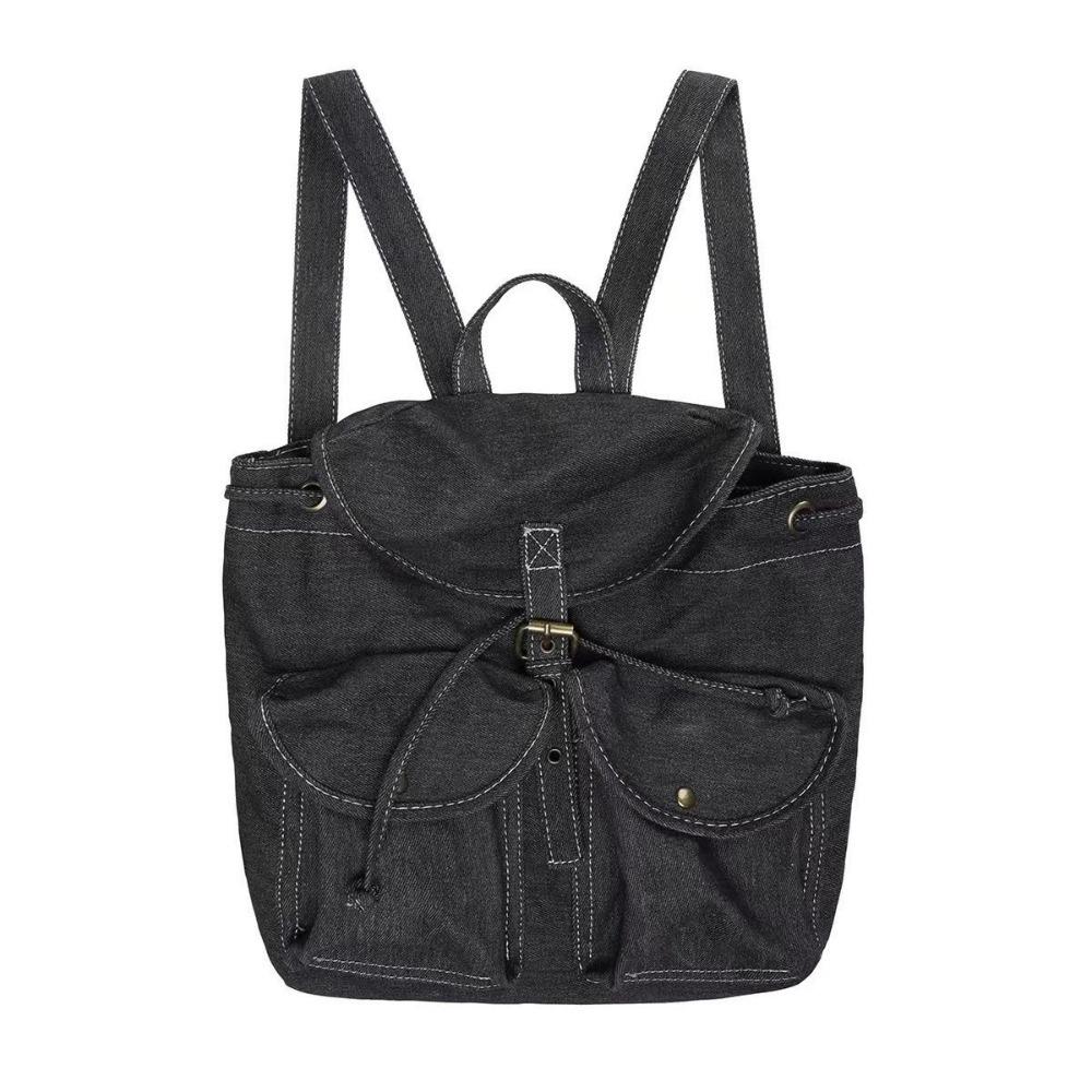 

Fashion Washed Denim Retro Backpack Large Capacity Multi-pocket Schoolbag Drawstring Exposed Stitching Canvas Bag Commuting чорний