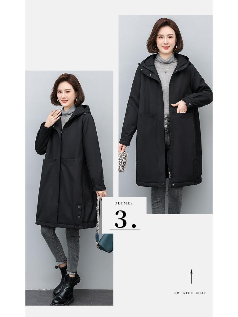 Women's 2024 Winter Fleece-Lined Hooded Parka: Loose Mid-Length Thickened Workwear Cotton Coat