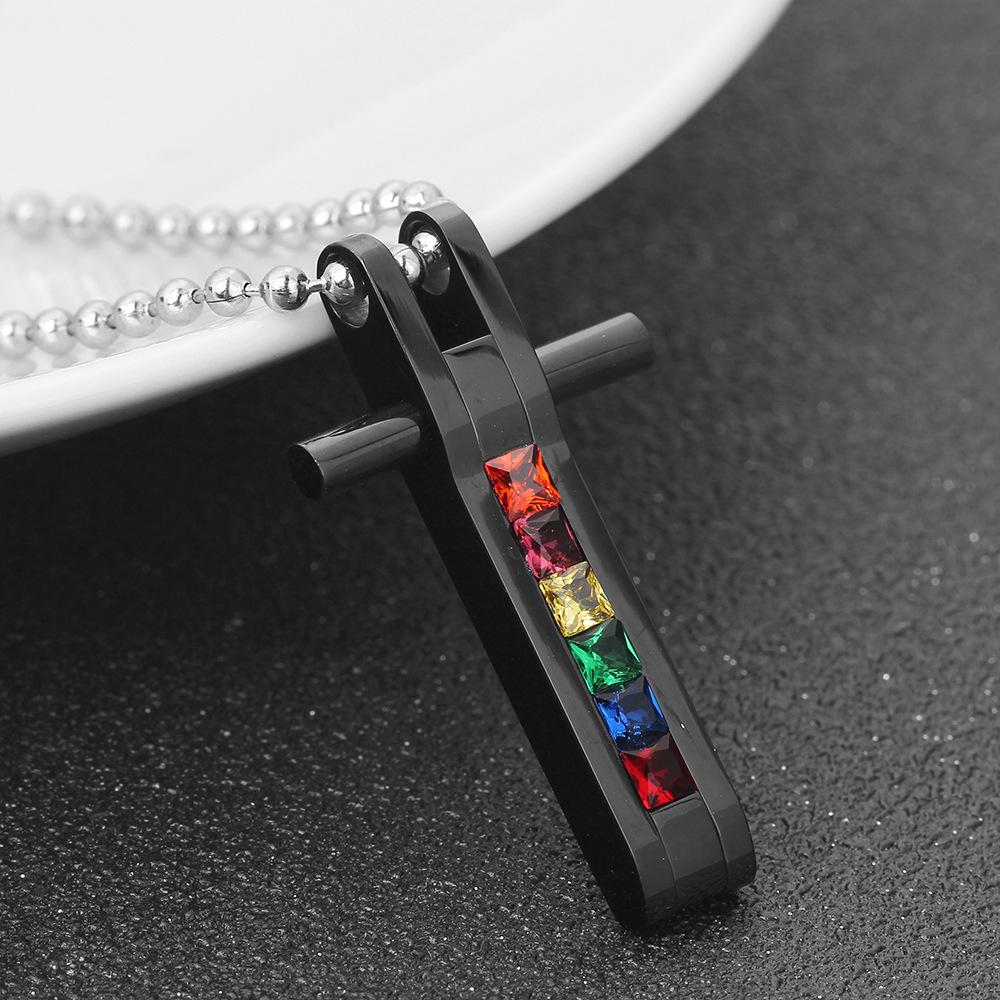 European and American Colorful Cross Rainbow Seven-color Splicing Versatile Titanium Steel Couple Pendant Necklace for Women