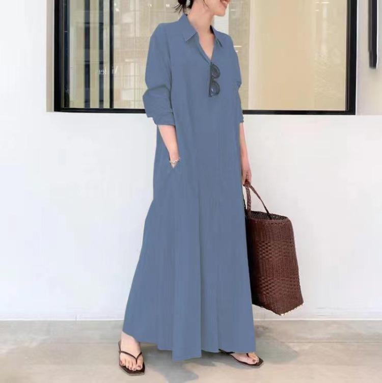 Abito Lungo Camicia da Donna con Maniche Lunghe, Scollo a V, Bottoni e Tasche in Cotone