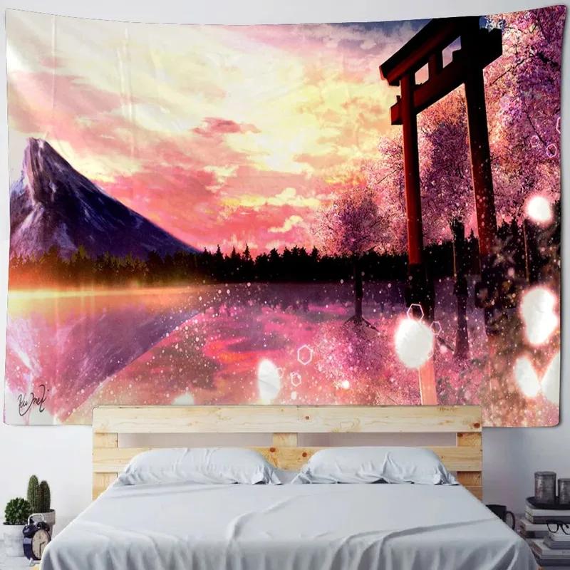 Pink Cherry Blossom Forest Pattern Tapestry Home Wall Decoration Tapestry Bedroom Living Room Tapestry