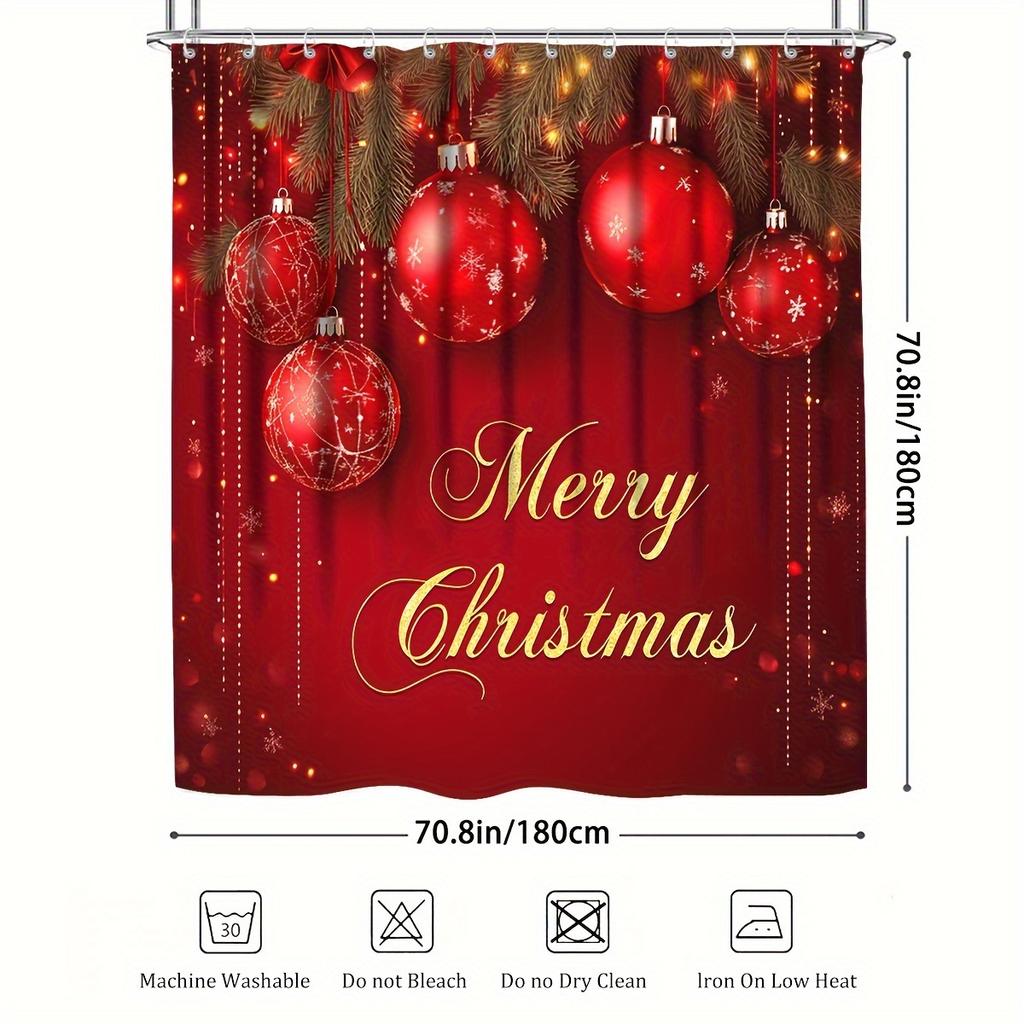 4Pcs Merry Christmas Shower Curtain Set with Non-Slip Bath Mat, Toilet Lid Cover, Contour Rug & 12 Hooks, Bathroom Decor