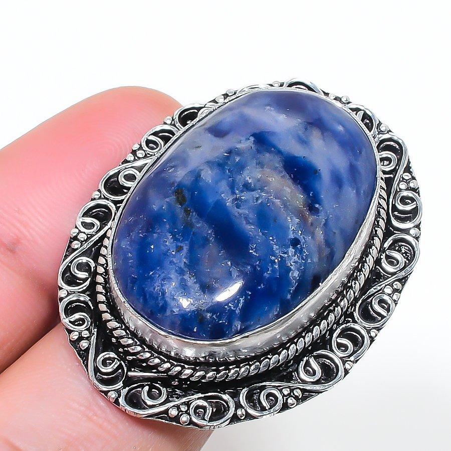 Natural Sodalite Gemstone Handmade 925 Sterling Silver Jewelry Ring Size 8 AR-17079