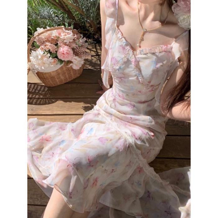 

2026 New Alice Park Tour Irregular Fishtail Fairy Floral Camisole Long Dress Small