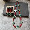 Medieval Vintage Red Green Ceramic Blue and White Porcelain Glazed Necklace Medieval Advanced Necklace Four Leaf Clover Ceramic