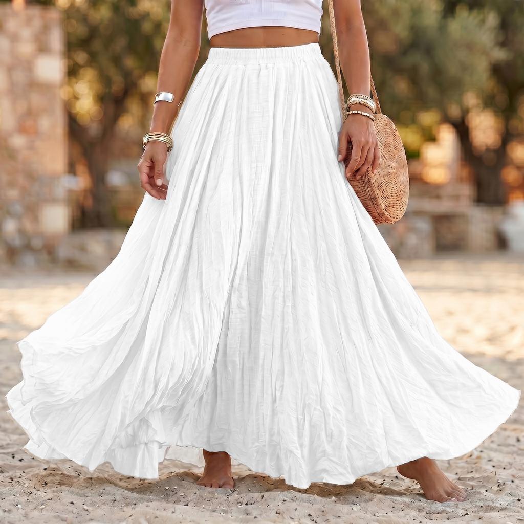 Women Long Loose Pleated Skirt Elastic Waist Cotton Linen Blend Maxi Skirt Flared Hem Casual Boho Style Skirt for Daily Wear