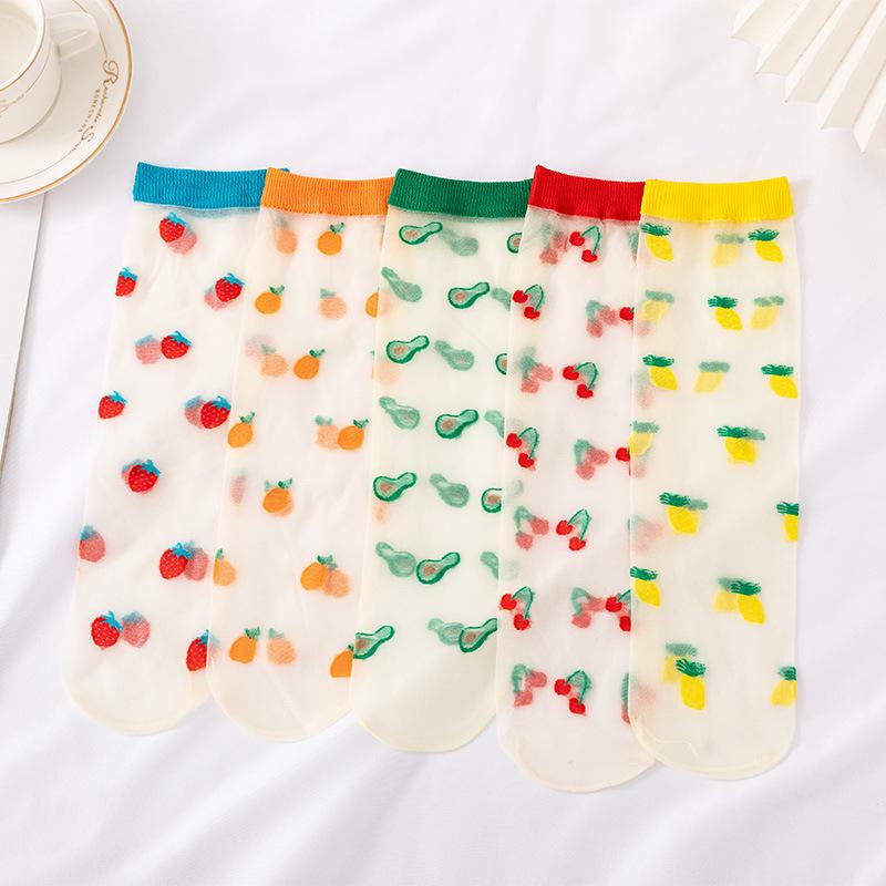 Modne wiosenne i letnie skarpetki z koronką i jedwabiem w kwiaty - słodki wzór owoców, chłonne, urocze damskie modne