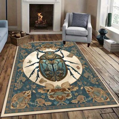 Vintage Beetle Rug with Floral Border Antique Style Living Room Carpet, Nature-Inspired Home Decor Items Skid Resistant Carpet